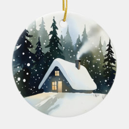 Ornamento De Cerâmica Vintage Winter Cabin Watercolor Christmas