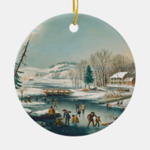 Ornamento De Cerâmica Vintage Winter Scense Ice Skating Holiday Christma