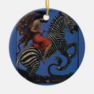 Ornamento De Cerâmica Vintage Zebra com Art Nouveau Woman Rider