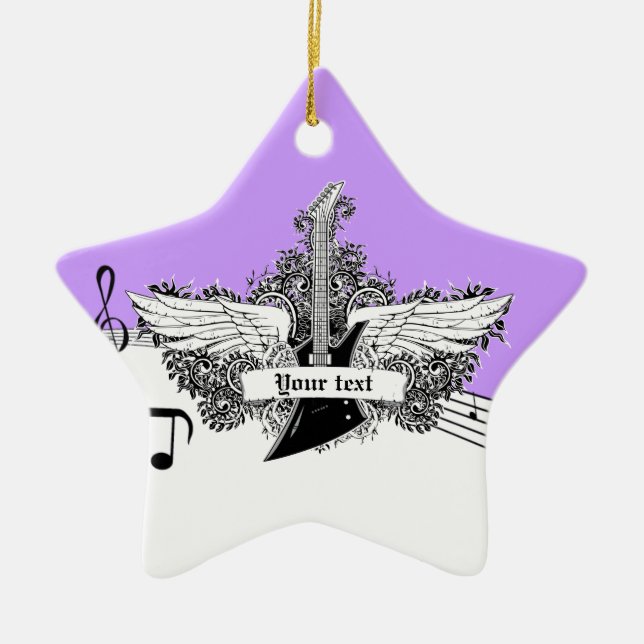 Ornamento De Cerâmica Violão elétrico preto branco roxo com asas (Frente)