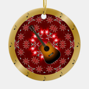 Ornamento De Cerâmica Violão ~ Prata ~ Vermelho ~ Dourado ~ Natal ~