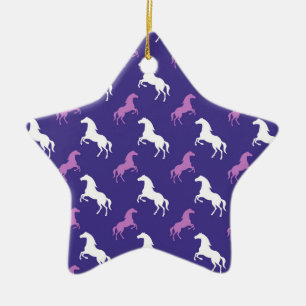 Ornamento De Cerâmica Violeta Roxo e Cavalo Branco; Equestre
