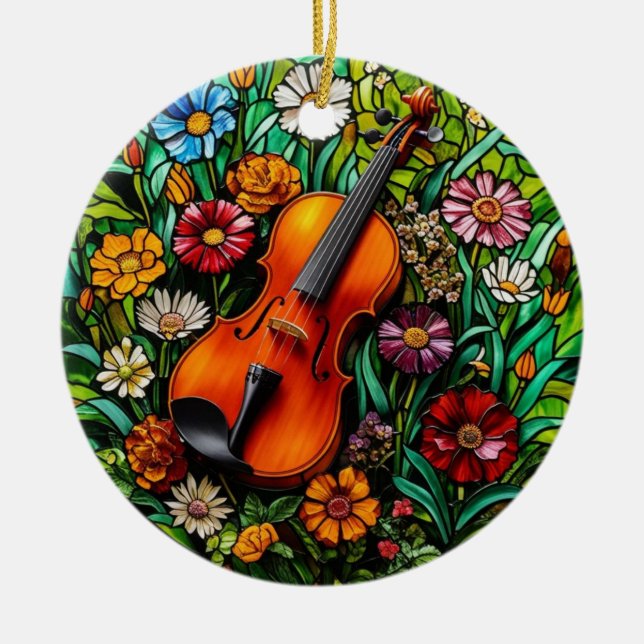 Ornamento De Cerâmica Violin Floral  (Frente)