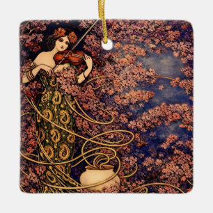 Ornamento De Cerâmica Violinista Art Nouveau entre Flores – Floral Vinta