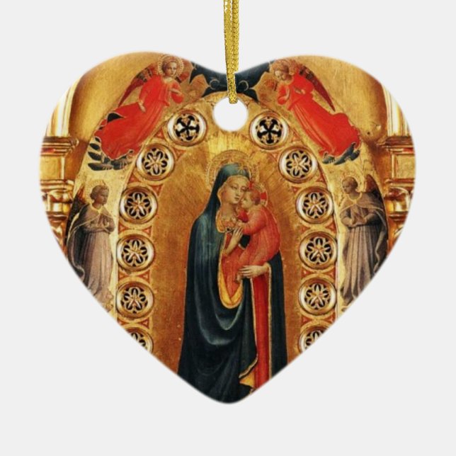 Ornamento De Cerâmica VIRGEM E CRIANÇAS, ANGELOS DOURADOS ARTE Vermelho  (Frente)