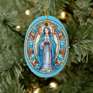 Ornamento De Cerâmica Virgem Mãe Maria no Natal de Vidro Azul