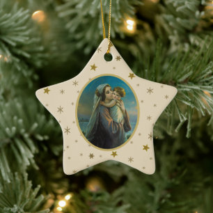 Ornamento De Cerâmica Virgem Maria e Jesus Bebê no Fundo Estrelado