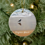Ornamento De Cerâmica Virginia Beach Personalizada ~ Seagull, Sand, Ocea<br><div class="desc">Este ornamento de Virginia Beach apresenta uma gaivota e é um reflexo apreciando o oceano e a praia arenosa. Ele pode ser personalizado com um nome,  data ou qualquer texto que você desejar. Refletindo o gaivota ~ Fotografia de Michelle Istanish *</div>