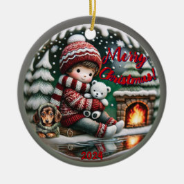 Ornamento De Cerâmica Vírus do Globo de Neve: Cena de Lareira Dachshund