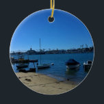 Ornamento De Cerâmica Vista de Balboa Island, Newport Beach, Califórnia<br><div class="desc">Uma manhã ensolarada de inverno caminhando na Ilha Balboa em Newport Beach,  Califórnia. Vista através do canal é o Pavilhão Balboa e Zona Diversa na Península Balboa. Foto de fevereiro de 2016.</div>