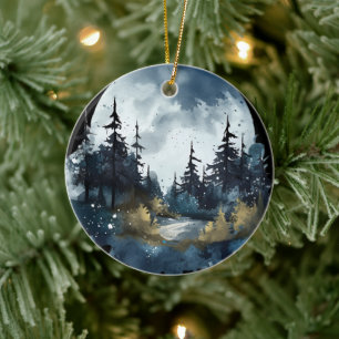 Ornamento De Cerâmica Vista Nightsky de Aquarela com Lua Grande