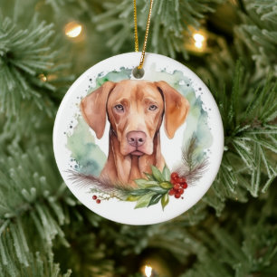 Ornamento De Cerâmica Vizsla Christmas Wreath Festivo Pup