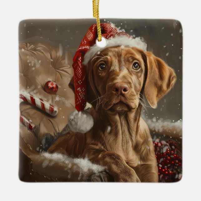 Ornamento De Cerâmica Vizsla Dog Christmas Festivo (Frente)