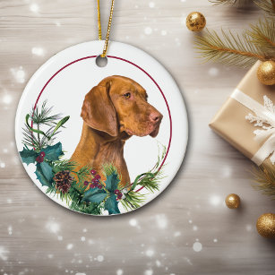 Ornamento De Cerâmica Vizsla Dog Evergreen Berry Wreath