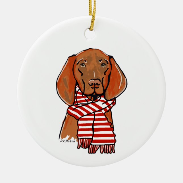 Ornamento De Cerâmica Vizsla vestindo um lenço vermelho e branco (Frente)