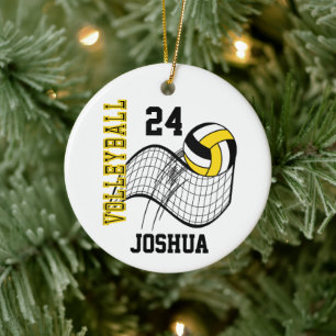 Ornamento De Cerâmica Voleibol Amarelo, Preto e Branco