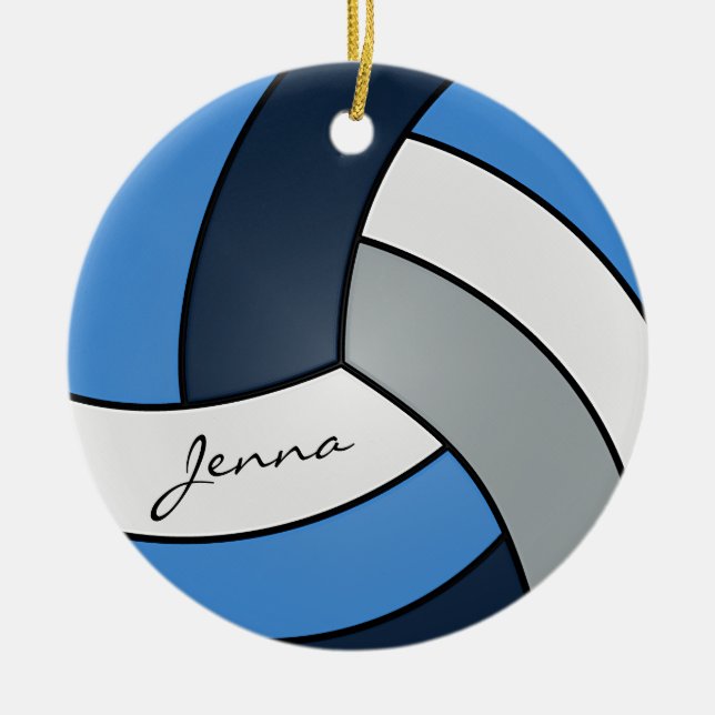 Ornamento De Cerâmica Voleibol Azul, Azul, Branco e Cinza (Frente)