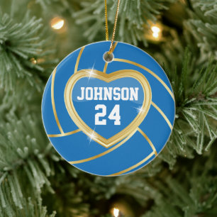 Ornamento De Cerâmica Voleibol Azul e Dourado Elegante   DIY Nome e núm