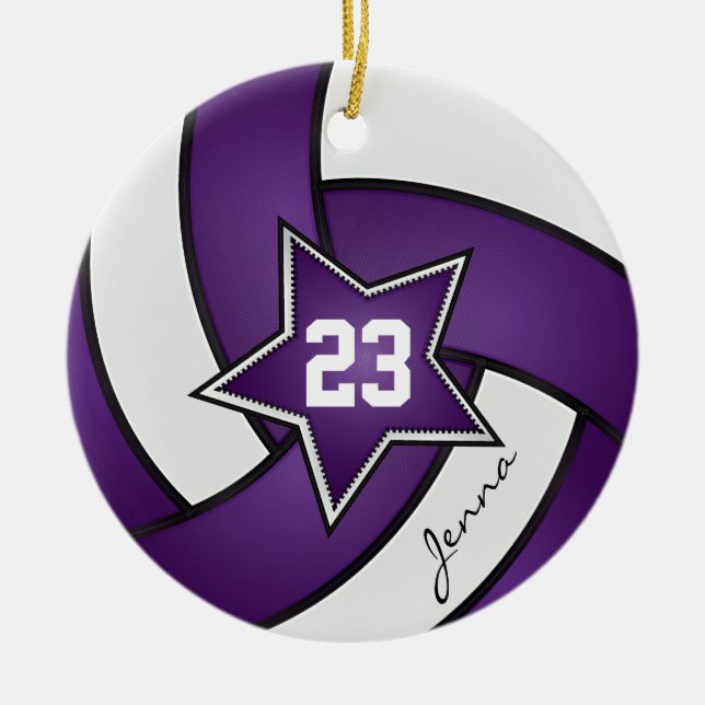 Ornamento De Cerâmica Voleibol 🏐 Estrela Púrpura e Branca (Frente)
