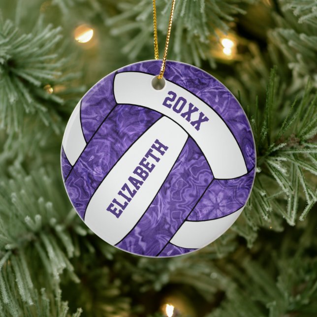 Ornamento De Cerâmica voleibol feminino branco roxo personalizado (Árvore)