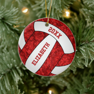 Ornamento De Cerâmica voleibol feminino vermelho e branco personalizado