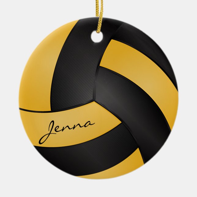 Ornamento De Cerâmica Voleibol ouro Amarelo e Negro | DIY Name (Frente)