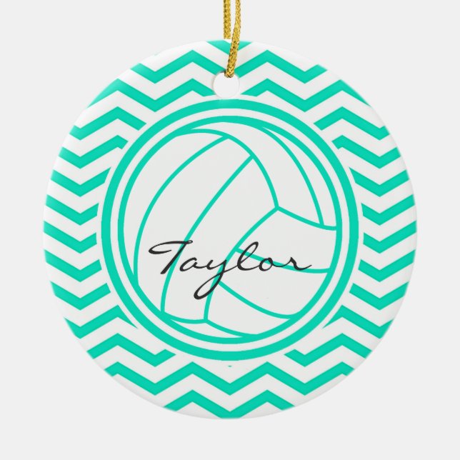 Ornamento De Cerâmica Voleibol Personalizado; Aqua Green Chevron (Frente)
