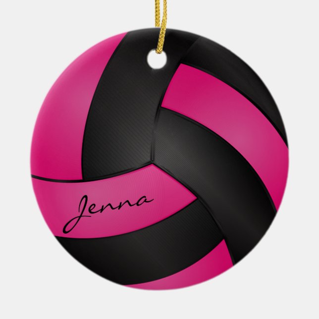 Ornamento De Cerâmica Voleibol Rosa Quente e Negro | DIY Name (Frente)