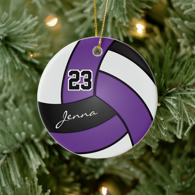 Ornamento De Cerâmica Voleibol roxo, preto e branco (Árvore)