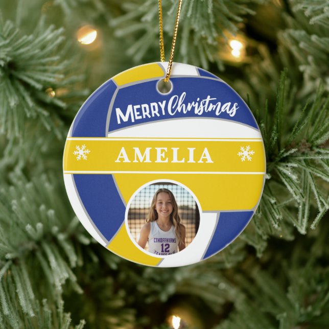 Ornamento De Cerâmica Volleyball Ball Custom Name Merry Christmas Photo (Árvore)