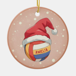 Ornamento De Cerâmica Volleyball Ball with Red Santa Hat Name Christmas