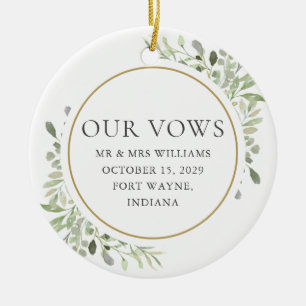 Ornamento De Cerâmica Votos de Casamento Dele e Dela com Folhagem Verde