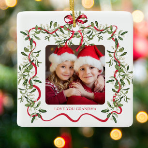 Ornamento De Cerâmica Vovó Arco Wavy Frame Greenery Foto de Natal