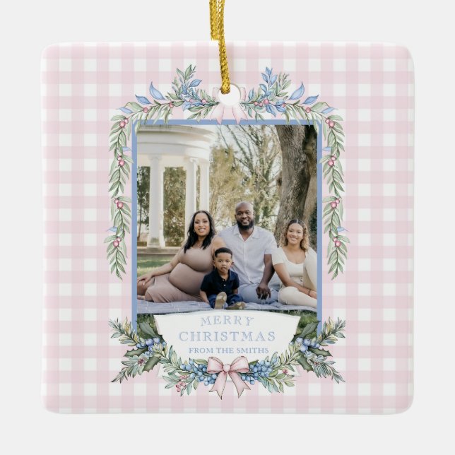 Ornamento De Cerâmica Vovô Rosa e Azul Holly Natal (Frente)