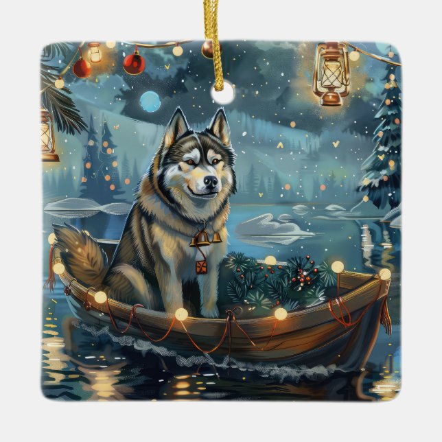 Ornamento De Cerâmica Voyage festiva de Natal Malamute no Alasca (Frente)