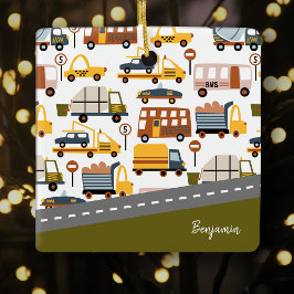 Ornamento De Cerâmica Vroom! Natal do Garoto do Transporte Automóvel