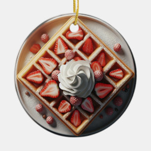 Ornamento De Cerâmica Waffles Creme chicoteado e Morangos Natal