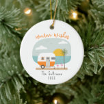 Ornamento De Cerâmica Warm Wish Beach Orange Camper Flamingo<br><div class="desc">Ilustração de uma jaqueta laranja na praia com oceano,  palmeiras,  pôr do sol e flamingos.</div>