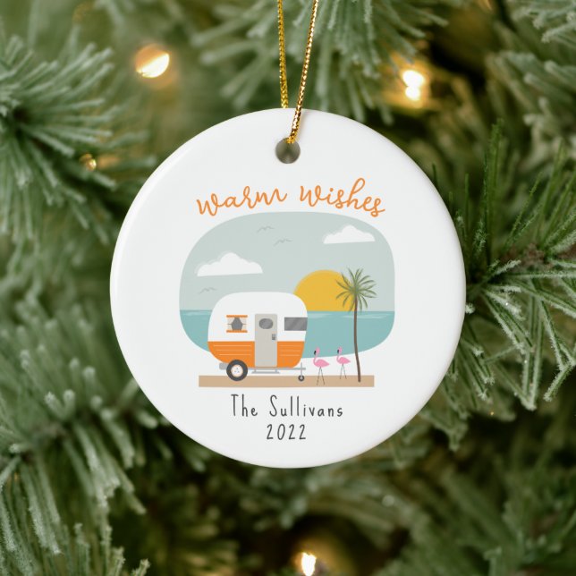 Ornamento De Cerâmica Warm Wish Beach Orange Camper Flamingo (Árvore)