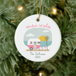Ornamento De Cerâmica Warm Wish Beach Pink Camper Flamingo<br><div class="desc">Ilustração de uma campista amarela na praia com oceano,  palmeiras,  pôr do sol e flamingos.</div>