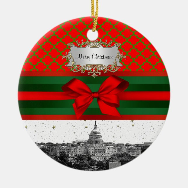Ornamento De Cerâmica Washington DC Skyline Red Green Quatrefoil BG Xmas (Frente)