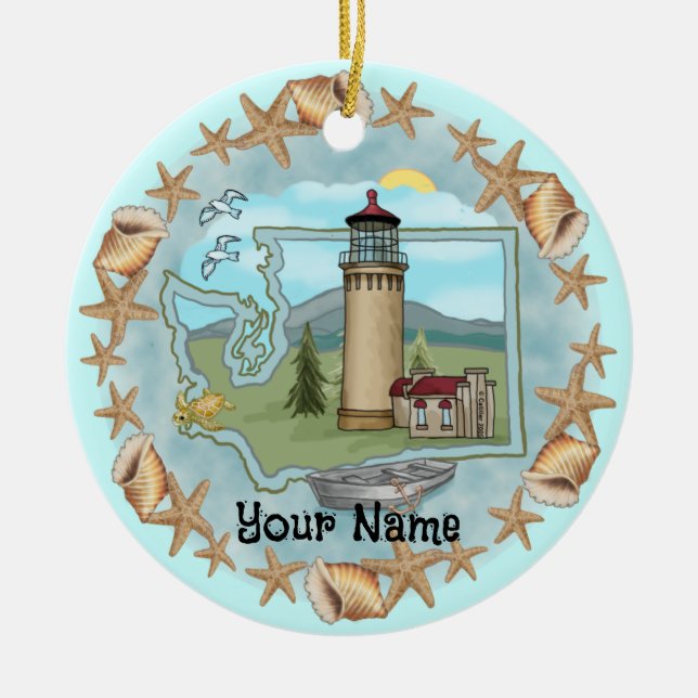 Ornamento De Cerâmica Washington Shells Lighthouse Ornament (Frente)