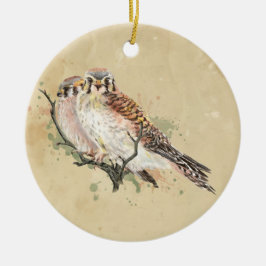 Ornamento De Cerâmica Watercolor American Kestrel, Falcon Bird Casal