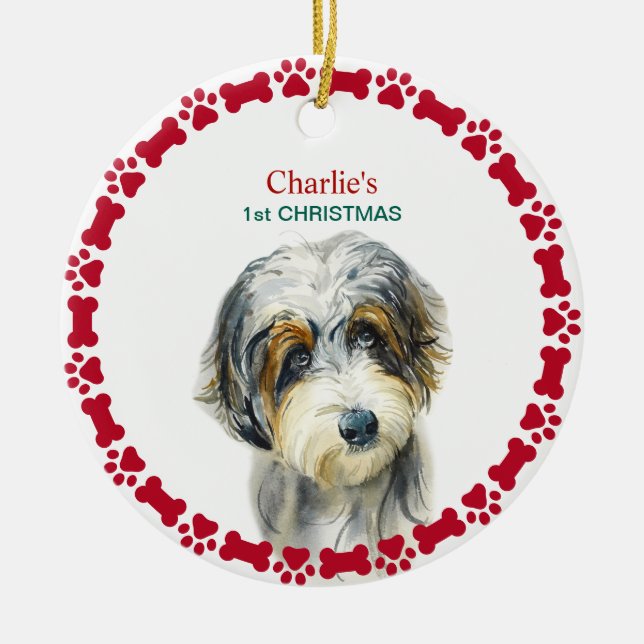 Ornamento De Cerâmica Watercolor Aussie Doodle Personalizado Natal (Frente)
