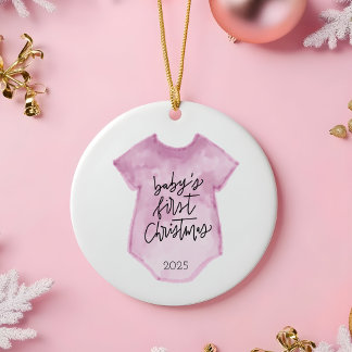 Ornamento De Cerâmica Watercolor Baby's First Christmas Ornament