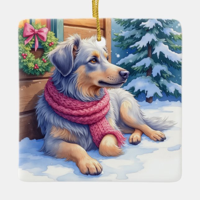 Ornamento De Cerâmica Watercolor Bergamasco Shepherd Cabin Christmas (Frente)