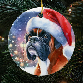 Ornamento De Cerâmica Watercolor Boxer Dog Santa Hat Natal