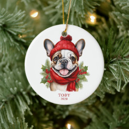 Ornamento De Cerâmica Watercolor Christmas Bulldog Photo