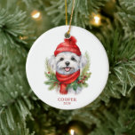 Ornamento De Cerâmica Watercolor Christmas Dog Photo<br><div class="desc">Uma bela ilustração do estilo aquarela de um adorável cão pomerano vestindo um cachecol vermelho e um chapéu num fundo de verde natal. Personalize o lado de trás com a foto do seu animal de estimação.</div>