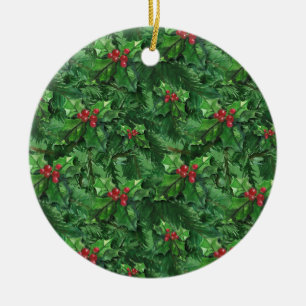 Ornamento De Cerâmica Watercolor Christmas Holly Berries